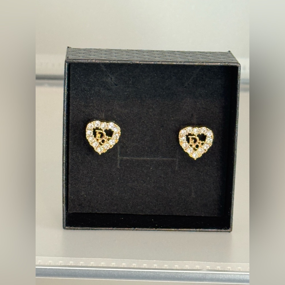 New Arrivals! Lux Fashion Gold Heart Crystal Stud Earrings with Logo Accent.